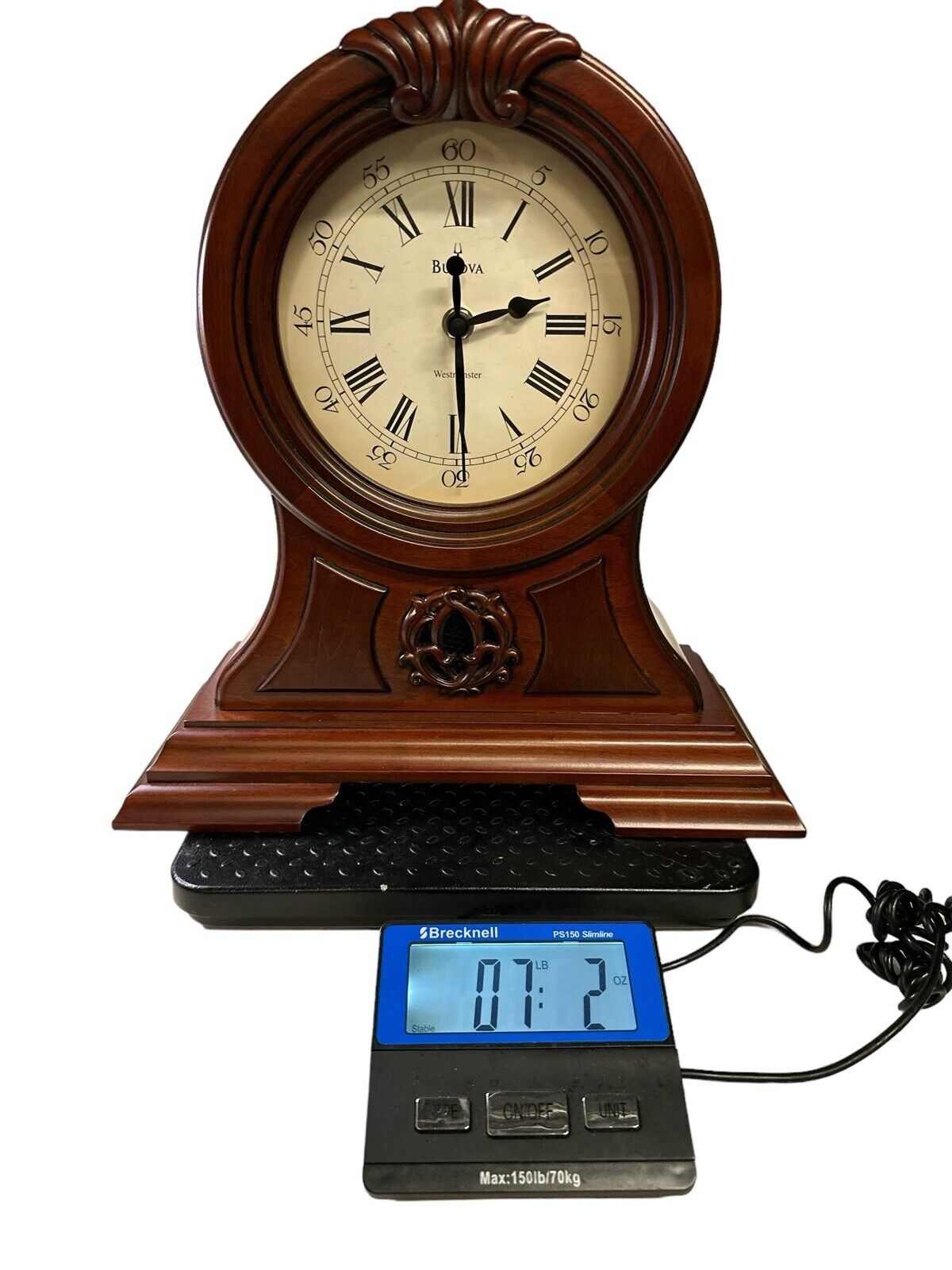 Vintage Walnut Bulova Mantel Clock Battery Operated Beautiful 15” X 14”