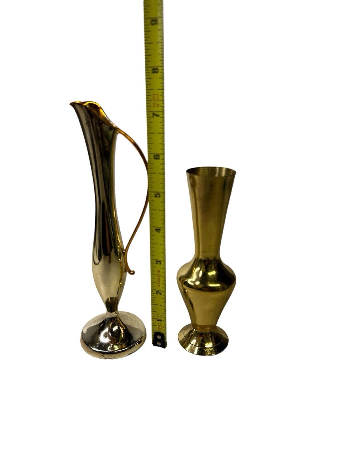 2 Small Vintage Vase Jar Jug Metal Brass Decor Shelf Vases 7”