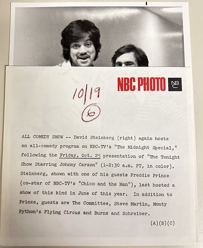 1974 Freddie Prince & David Steinberg Press Release Photo The Midnight Show NBC