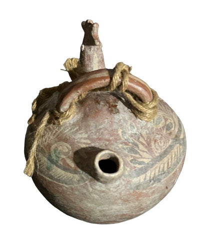Primitive Mexican Pottery Water Jug Handmade & Hand Painted Unique Bird Design