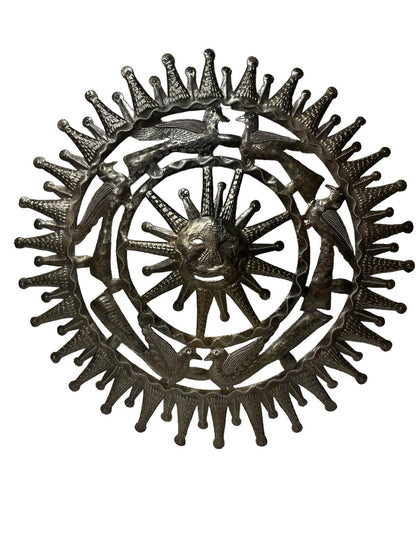 Vtg 1980’s Haitian Metal Art Decor Sun & Birds Handmade Signed Jonas  23” X 23”