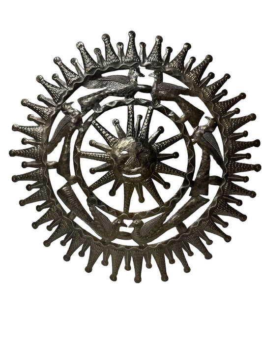 Vtg 1980’s Haitian Metal Art Decor Sun & Birds Handmade Signed Jonas  23” X 23”