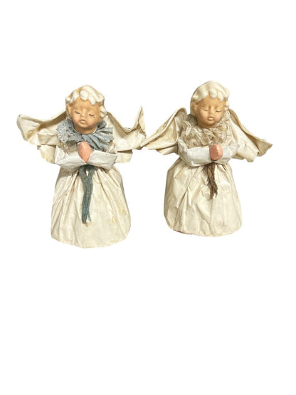 Pair of 2 Vintage Nuno Mexico Paper Mache Angel Folk Art Doll Figure Statue 6"