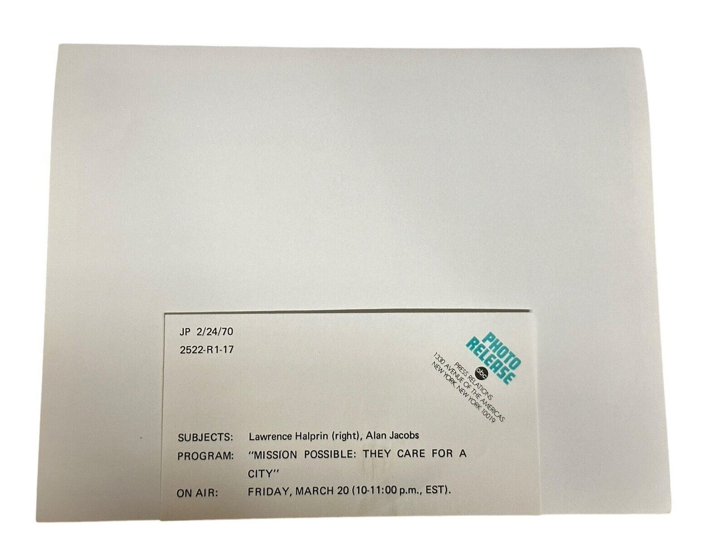1970 Press Release Photo Lawrence Halprin & Alan Jacobs “mission Possible”