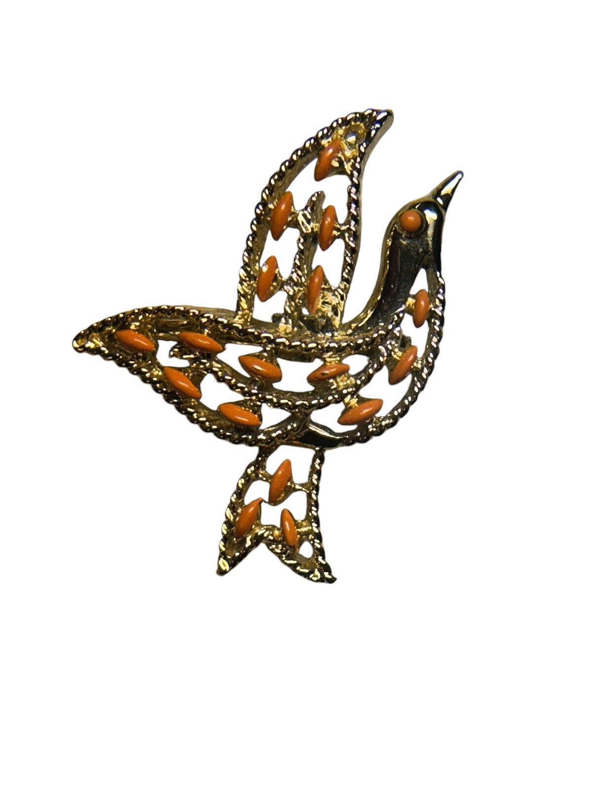 Vtg GERRY'S Dove Brooch Bird Pendant Gold Tone Orange Enamel Accent Flying Peace