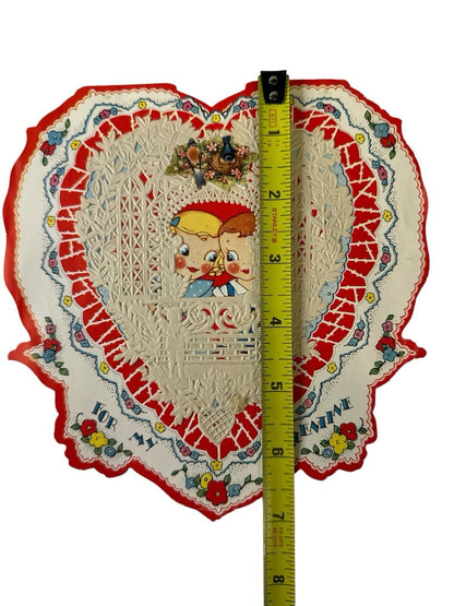 Vtg 1920s Valentine Unused Heart Flowers Kids Puppy Love Paper Lace Doily 7”x 7”