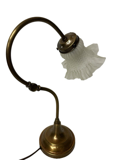 Vtg Brass 1930’s Art Nouveau Table Desk Piano Lamp With Elegant Glass Shade 15”