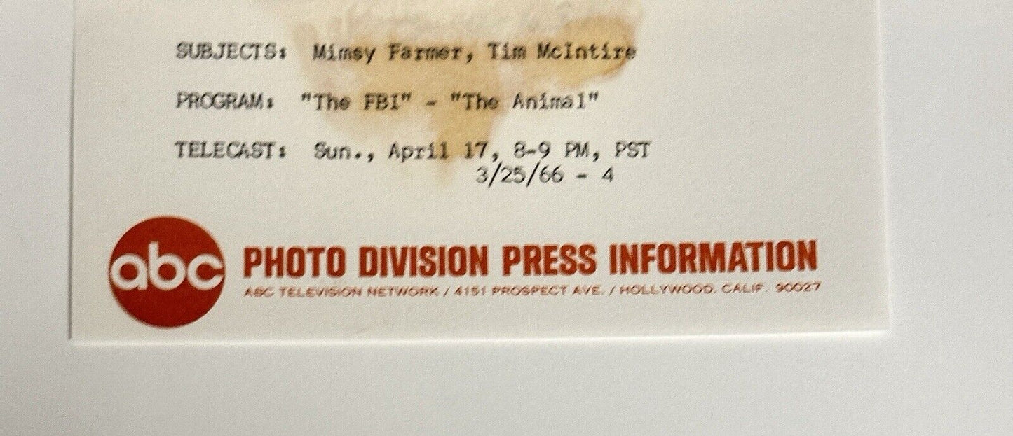 1966 Press Release Photo The FBI “ The Animal” Mindy Farmer & Tim McIntire