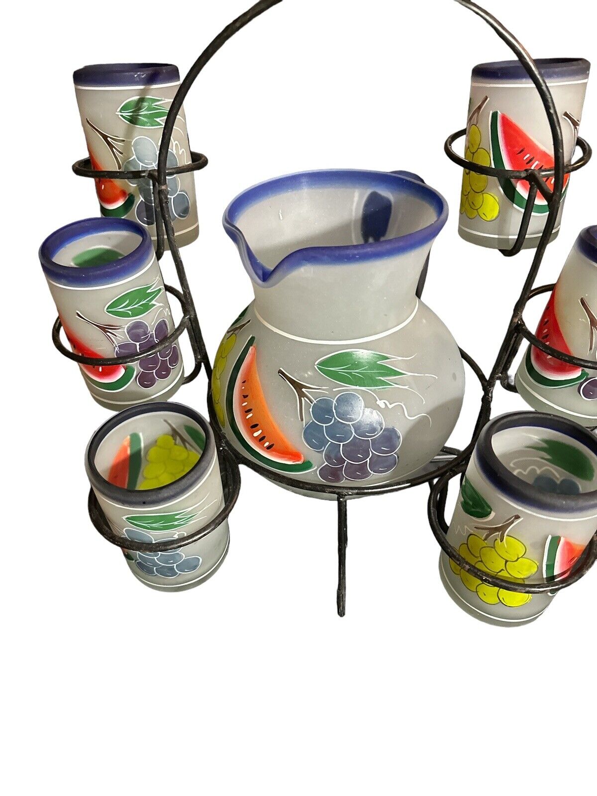 Vtg Handmade Blown & Painted Mexican Lemonade Pitcher 6 Glasses And Metal Holder