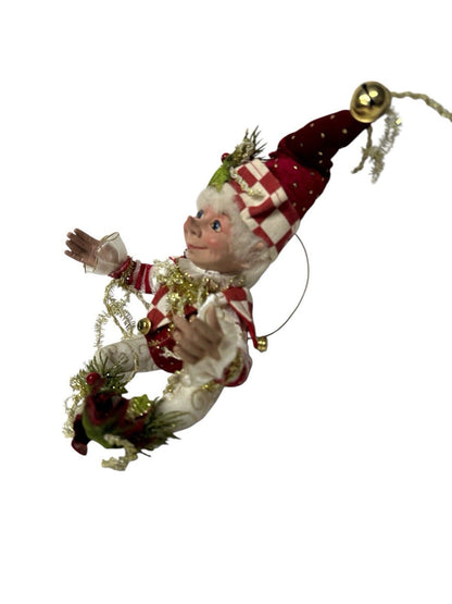 JESTER ELF DOLL Christmas Bendable Bells Mistle toe Checkered Ornament 9”-12”