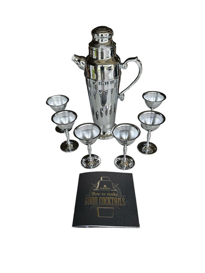 High Quality Vintage Chrome Cocktail Shaker 6 Stemmed Cordials & Bar Book