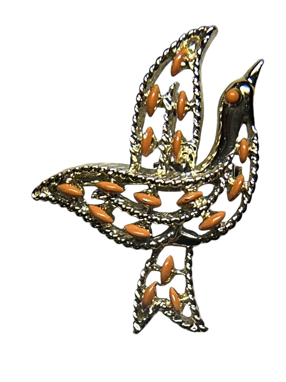 Vtg GERRY'S Dove Brooch Bird Pendant Gold Tone Orange Enamel Accent Flying Peace