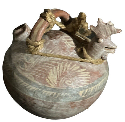 Primitive Mexican Pottery Water Jug Handmade & Hand Painted Unique Bird Design