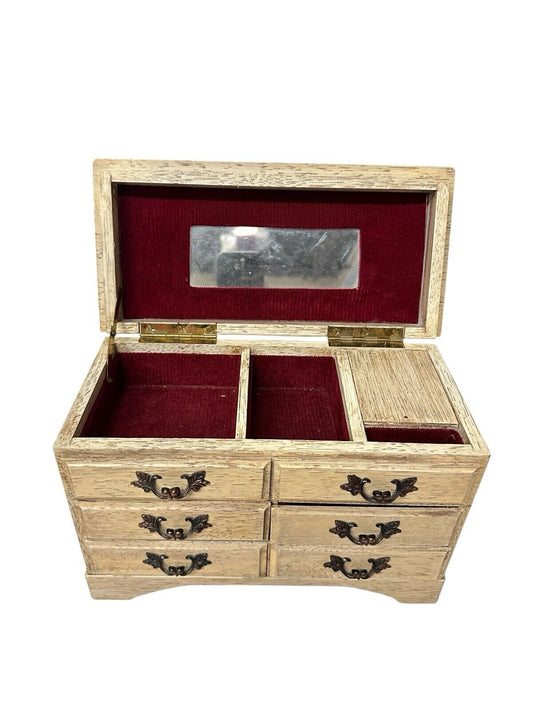 Norleans Wood Footed Jewelry Music Box Japan Made Red Velvet w/Mirror Vintage