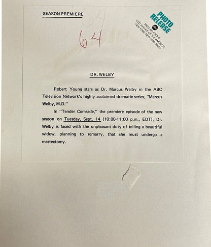 1970’s Season Premier Dr. Marcus Welby Starring Robert Young Press Release Photo