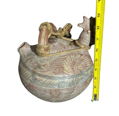 Primitive Mexican Pottery Water Jug Handmade & Hand Painted Unique Bird Design