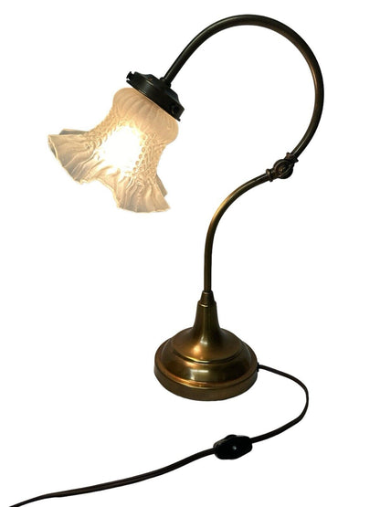 Vtg Brass 1930’s Art Nouveau Table Desk Piano Lamp With Elegant Glass Shade 15”