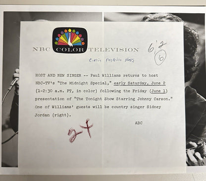 1973 Paul Williams & Sidney Jordan Press Release Photo The Midnight Show NBC