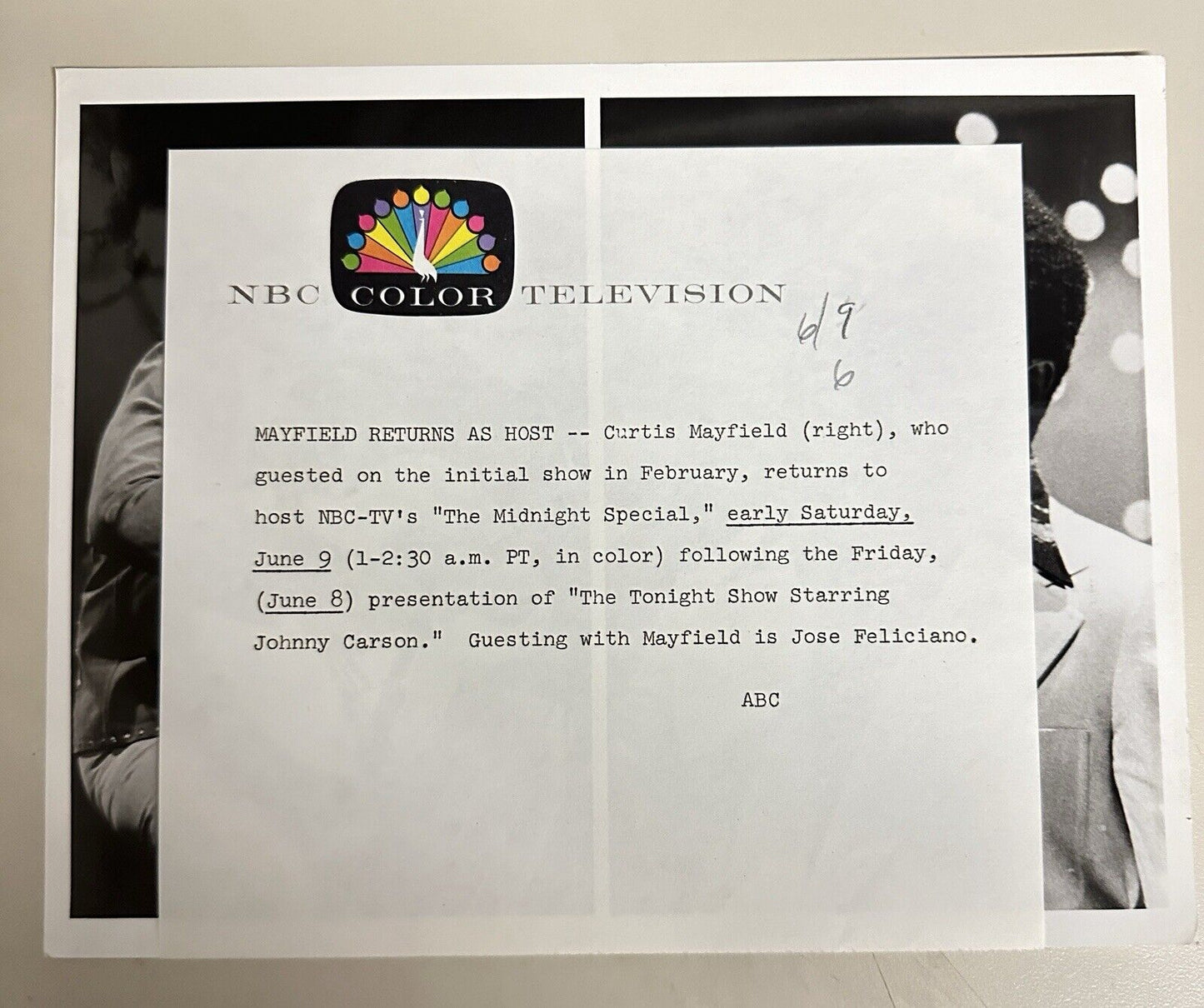 1973 Curtis Mayfield & Jose Feliciano Press Release Photo The Midnight Show NBC