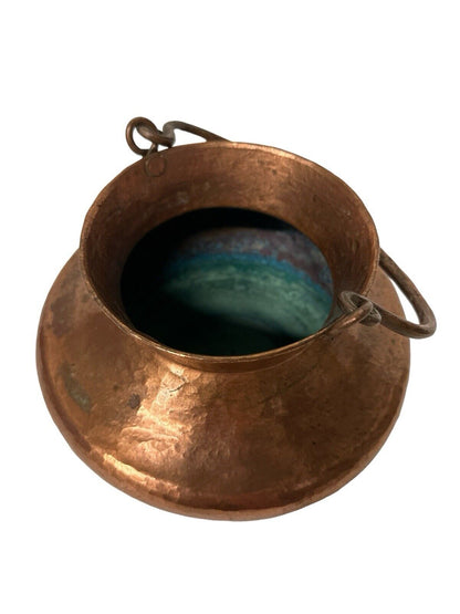 Antique Hand Hammered Thick Copper Pot Vessel 7” X 8” Perfect Patina Decor