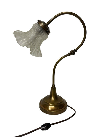 Vtg Brass 1930’s Art Nouveau Table Desk Piano Lamp With Elegant Glass Shade 15”