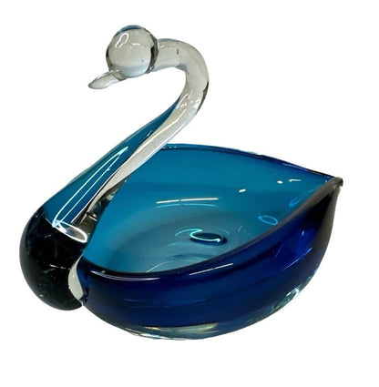 Vtg MCM Blue & Clear Murano Swan Paperweight Dish Art Glass 5” X 6”