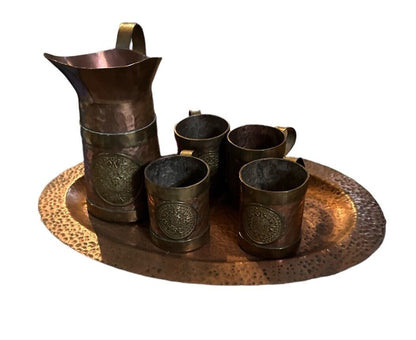 Aztec Mayan Calendar Tray, Cups, Pitcher Set Vintage Rare Old Copper & Brass