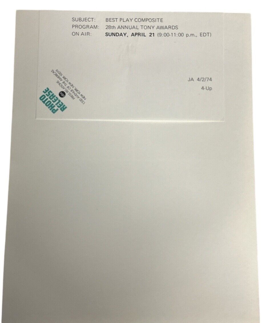 28th Annual Tony Awards 1974 Best Play Composite Press Release photo