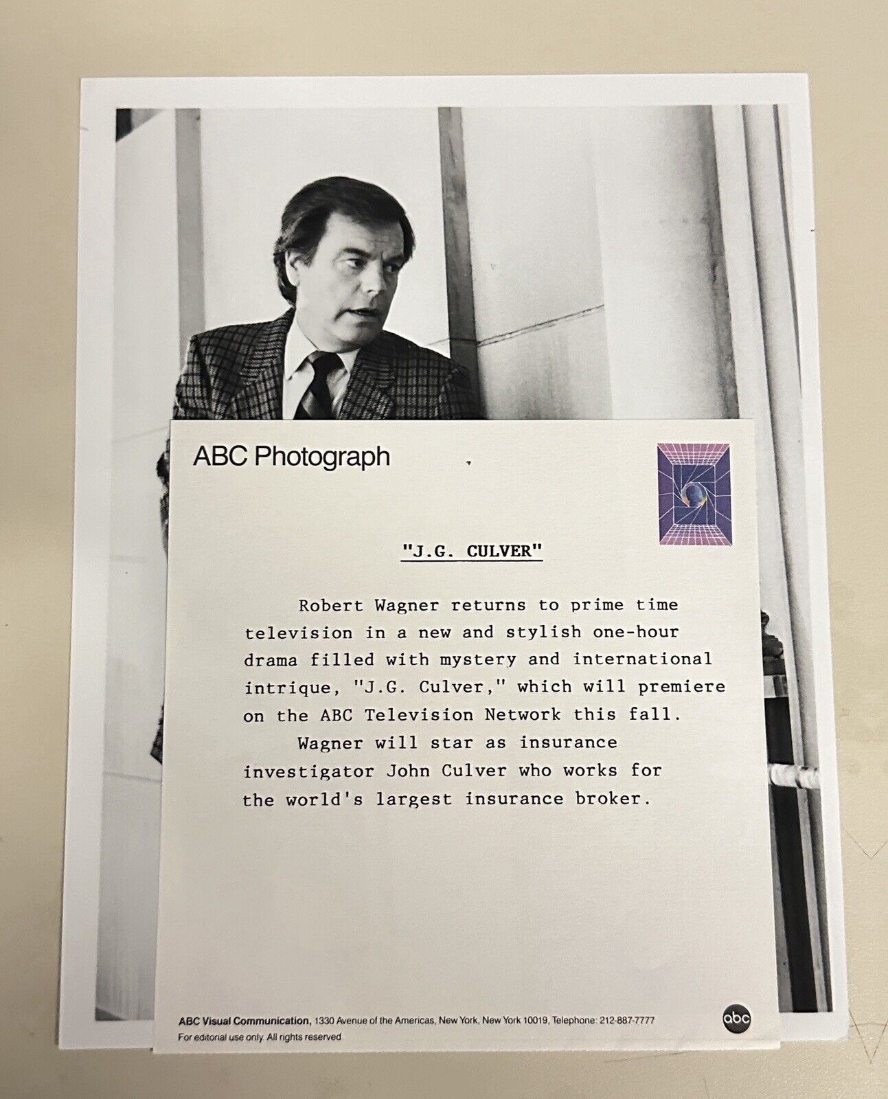 1985 Press Release Photo Robert Wagner actor in J. G. Culver 7”x 9” ABC TV
