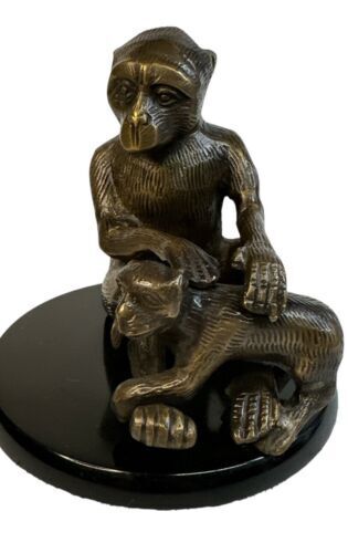 Bronze Sculpture Mother Monkey And Child Bronze Figurine Made In India 6” Tall