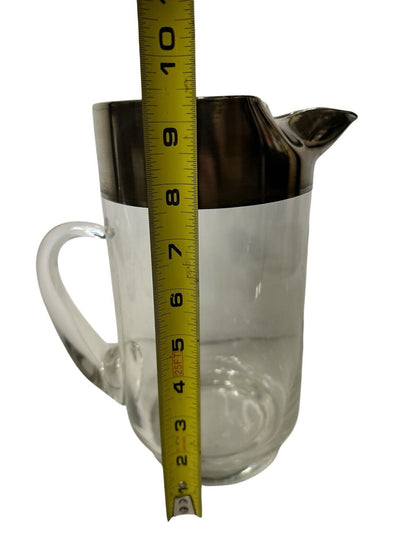 Dorothy Thorpe Silver Band Rim Glass Pitcher Beautiful MCM Bar Pitcher 9.5” Tall