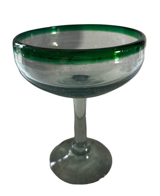 Vintage Authentic Mexican Hand Blown Margarita Glass Green Rim Cocktail 6.75”