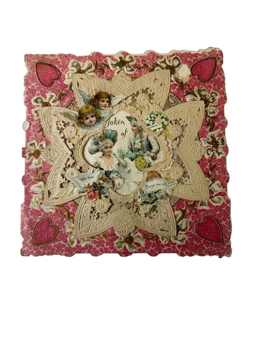 Antique Layered Paper Doily VALENTINE'S DAY CARD Pink and Gold Flowers
