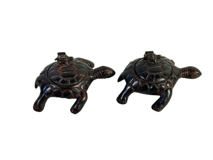 Lot of 2 Good Luck Mother and Baby Candle Incense Holder Bronzed Metal Turtles