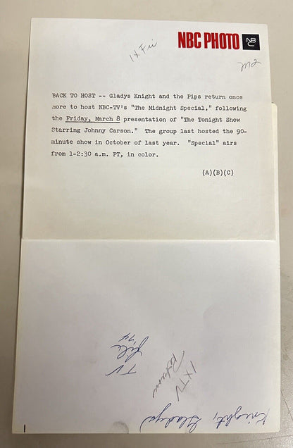1973 Gladys Night And The Pips Press Release Photo The Midnight Show NBC
