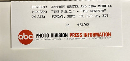 1965 Press Release Photo The FBI “ The Monster” Jeffrey Hunter & Dina Merrill