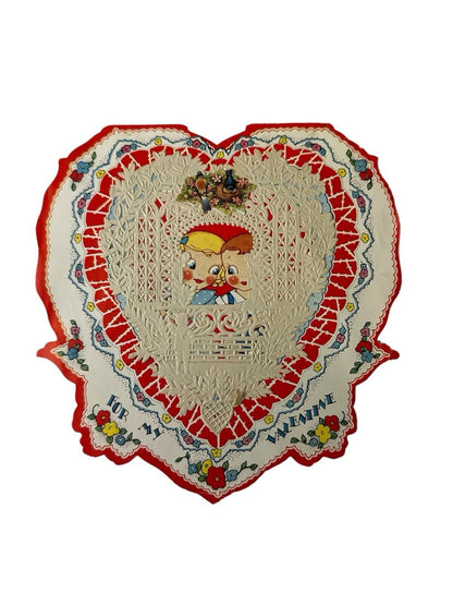 Vtg 1920s Valentine Unused Heart Flowers Kids Puppy Love Paper Lace Doily 7”x 7”
