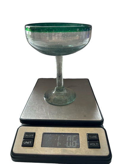 Vintage Authentic Mexican Hand Blown Margarita Glass Green Rim Cocktail 6.75”