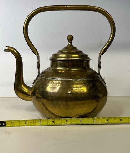 Antique Vtg Brass Lidded Metal Teapot, Kettle, Coffee Pot Handmade Kitchen Decor
