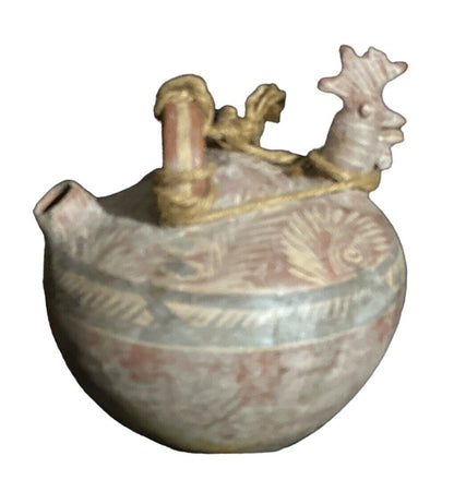 Primitive Mexican Pottery Water Jug Handmade & Hand Painted Unique Bird Design