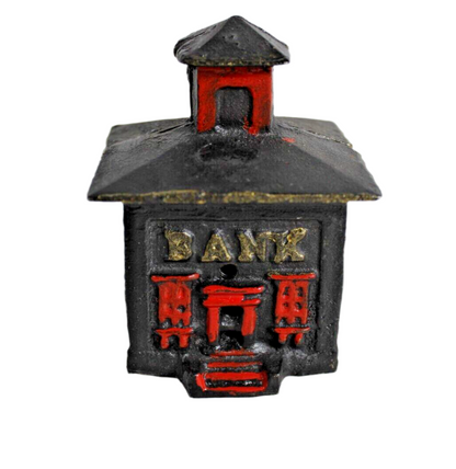 Antique Cast Iron Coin Bank Building School House Black & Red AC Williams