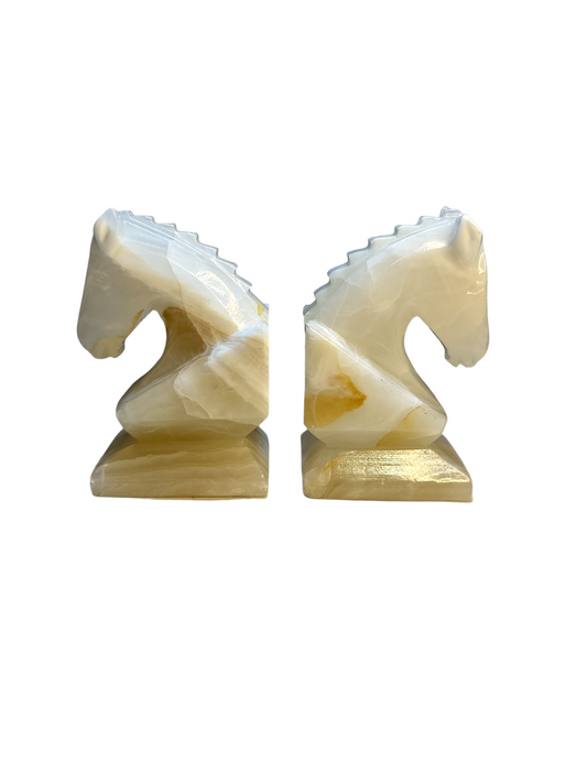 Lot of 2 onyx marble white swirl book ends one piece hand carved