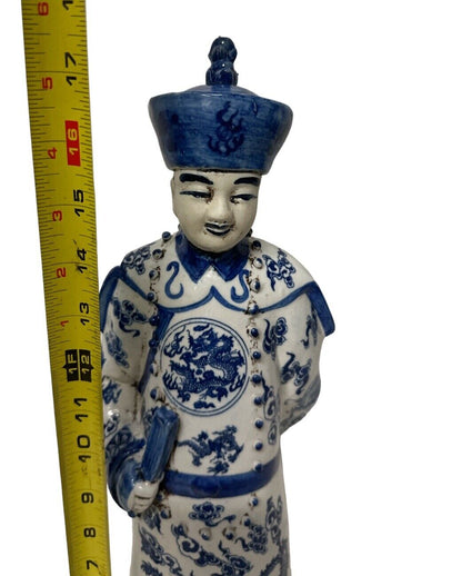 Antique Vintage Blue and white porcelain Statue Qing Dynasty Emperor 17.5” Tall