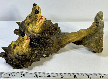 3 Wolf Heads Bust Sculpture Figurine 8.5” Resin Folk Art Table Decor