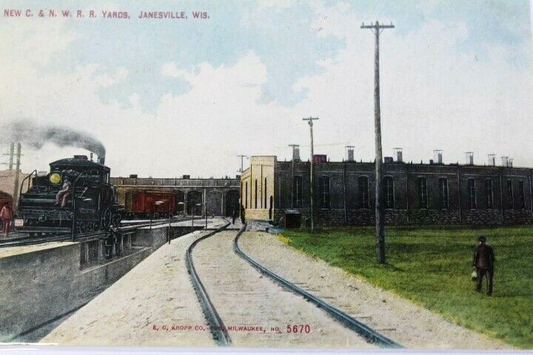 Antique Photo-Lithograph Postcard 1912 C. & N. W. R.R. Yards Janesville Wis.