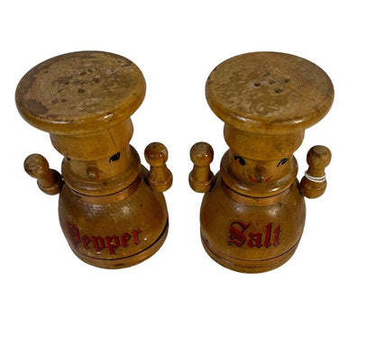 Vintage Wood Robot Salt and Pepper Shakers Made in Japan Mid Century Cork Bottom