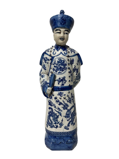 Antique Vintage Blue and white porcelain Statue Qing Dynasty Emperor 17.5” Tall
