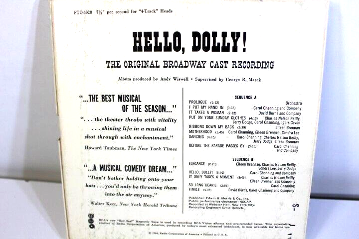 RCA 4 Track Reel to Reel Tape 7 1/2  lps The New Musical Comedy Hello, Dolly!
