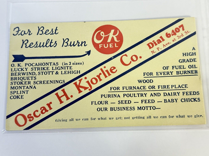 Vtg 1930s Oscar H. Kjorlie Company Advertising Handout Card 6"x3.5" OK Fuel