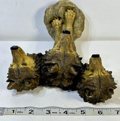 3 Wolf Heads Bust Sculpture Figurine 8.5” Resin Folk Art Table Decor